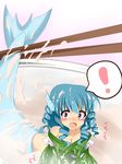  1girl blue_eyes blue_hair blush breasts chopsticks cleavage collarbone fate_no_keshin floral_print head_fins highres in_bowl in_container japanese_clothes kimono large_breasts mermaid minigirl monster_girl open_mouth spoken_exclamation_mark touhou wakasagihime 