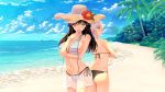 2girls beach black_hair breasts cleavage friends hat large_breasts long_hair looking_at_viewer looking_back medium_breasts multiple_girls navel ocean one_eye_closed open_mouth sea short_hair silver_hair standing summer sunny_day swimsuit yellow_eyes 