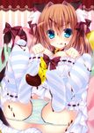  :q animal_ears banana bell bell_collar blue_eyes blue_legwear breasts brown_hair cat_ears cat_tail chocolate cleavage collar dress food frilled_legwear fruit green_panties heart heart-shaped_pupils highres large_breasts legs_up ooji_cha panties paw_pose red_eyes ribbon striped striped_legwear symbol-shaped_pupils tail tail_ribbon thighhighs tongue tongue_out underwear 