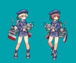  aqua_background blue_eyes brown_eyes brown_hair cannon e79 hat kantai_collection long_sleeves lowres multiple_girls pixel_art sailor_hat short_hair silver_hair simple_background turret weapon z1_leberecht_maass_(kantai_collection) z3_max_schultz_(kantai_collection) 