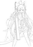  absurdres ahoge animal_ears bad_id bad_pixiv_id cat_ears chainsaw coup_(shun_soku) greyscale highres lineart long_hair looking_at_viewer monochrome original shun_soku solo thighhighs very_long_hair 