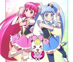  aino_megumi bad_id bad_pixiv_id black_legwear blue_eyes blue_hair blue_skirt boots bow creature crown cure_lovely cure_princess earrings grin gudon_(iukhzl) hair_ornament happinesscharge_precure! heart heart_hair_ornament jewelry long_hair magical_girl mini_crown multiple_girls pink_bow pink_eyes pink_hair pink_skirt ponytail precure ribbon_(happinesscharge_precure!) shirayuki_hime shoes skirt smile thigh_boots thighhighs twintails white_legwear wide_ponytail wrist_cuffs zettai_ryouiki 
