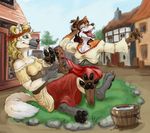  anthro blonde_hair blue_eyes breasts canine claws clothing cream_fur dress ear_piercing fantasy female fox fur green_eyes gypsy hair hindpaw mammal medieval open_mouth orange_fur pawpads paws piercing soap soles tickling toes tongue washing water wet white_fur 
