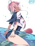  ahoge character_name i-58_(kantai_collection) image_sample kantai_collection looking_at_viewer looking_back nape partially_submerged pink_eyes pink_hair school_swimsuit school_uniform serafuku short_hair solo straddling super_zombie swimsuit swimsuit_under_clothes torpedo twitter_sample underwater water watermark 