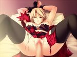  1girl artist_request bdsm bed bondage bound breasts censored character_request nipples penis pillow rope source_request spread_legs thighhighs tied tied_up torn_clothes 
