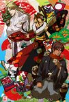 2013 2boys 696 ;p bad_id bad_pixiv_id balrog banned_artist blonde_hair blush braid brown_hair crossed_arms don_(street_fighter) final_fight floral_print fur_collar gai_(final_fight) hakama happy_new_year high_ponytail ibuki_(street_fighter) japanese_clothes kimono long_hair multiple_boys new_year obi one_eye_closed red_scarf sash scarf single_braid split_ponytail street_fighter striped tanuki tongue tongue_out vertical_stripes 
