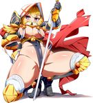  armor bangs blonde_hair blue_eyes blunt_bangs blush breasts cape covering covering_crotch drill_hair gauntlets greaves highres hood large_breasts one_knee original solo sword thick_thighs thighs umakatsuhai weapon 