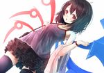  :o alternate_costume asymmetrical_wings bag black_hair black_legwear camisole contemporary dutch_angle eyelashes frilled_skirt frills handbag houjuu_nue red_eyes reio_reio short_hair skirt solo thighhighs touhou white_background wings wristband 