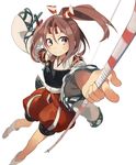  bad_id bad_pixiv_id blush bow_(weapon) brown_eyes brown_hair hachimaki hair_ribbon headband ika japanese_clothes kantai_collection light_brown_hair looking_at_viewer muneate ponytail ribbon sandals smile solo weapon zuihou_(kantai_collection) 