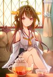  ahoge bare_shoulders blush brown_hair collarbone couch crossed_legs cup curtains glass hairband hand_on_lap kantai_collection kongou_(kantai_collection) looking_at_viewer nontraditional_miko shiny shiny_skin sitting smile solo tea tea_set teacup teapot window yadapot yellow_eyes 