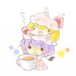  2girls :3 :d bat_wings blonde_hair blush_stickers chibi crystal cup detached_wings flandre_scarlet flower hat lowres minigirl multiple_girls on_head open_mouth person_on_head purple_hair remilia_scarlet ribbon short_hair siblings side_ponytail simple_background sisters smile solid_circle_eyes tea teacup touhou waving_arms white_background wide_face wings yasiro 