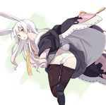  animal_ears ass bent_over black_legwear bunny_ears bunny_tail copyright_request fang from_behind leg_up long_hair looking_back multicolored_hair open_mouth orange_eyes panties pleated_skirt poco_(asahi_age) scarf skirt sleeves_past_wrists solo tail thighhighs two-tone_hair underwear upskirt white_hair white_panties 