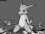  bedroom_eyes digimon featureless_crotch feral front_view greyscale kneeling lalzimsooodrunkrightnow leaning leaning_back looking_at_viewer male monochrome naughty_face nude pinup polearm pose scalie screentone shoutmon solo staff 