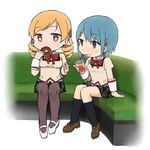  black_legwear blonde_hair blue_hair booth bow chibi couch doughnut drinking drinking_straw eating food hair_bow hair_ornament hairclip kneehighs mahou_shoujo_madoka_magica miki_sayaka multiple_girls pantyhose school_uniform sitting tomoe_mami tsuzuya_(knt31) white_background 