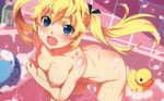  :d ball bathing bathroom bathtub beachball bent_over blonde_hair blue_eyes blush body_blush breasts bubble cleavage fang foam front_wing grisaia_(series) grisaia_no_kajitsu grisaia_no_meikyu hair_ribbon highres looking_at_viewer matsushima_michiru naked nipples nude open_mouth partially_submerged photoshop ribbon rubber_duck shampoo smile solo tiles twintails watanabe_akio water 