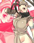  antenna_hair armor bandages black_hair blue_eyes breasts face_mask high_ponytail highres hip_vent ibuki_(street_fighter) japanese_armor kote large_breasts long_hair mask mask_pull miura_hajime ninja no_panties one_eye_closed solo street_fighter zoom_layer 