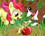  amber_eyes antennae apple apple_bloom_(mlp) applejack_(mlp) arthropod blonde_hair bow breezie canine collar cutie_mark dog equine female friendship_is_magic fruit grass green_eyes group hair horse insect mammal my_little_pony outside pony red_hair reed sibling sisters size_difference small swanlullaby tree winona_(mlp) young 