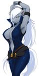  arms_behind_head belt big_breasts black_nose bodysuit breasts cleavage clothed clothing crossgender female hair long_hair looking_at_viewer navel skinsuit smile_pretty_cure white_hair wolfrun yaise zipper 
