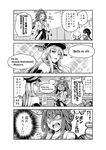  4girls ahoge bare_shoulders bismarck_(kantai_collection) braid comic cross damage_control_crew_(kantai_collection) english fairy_(kantai_collection) flying_sweatdrops german greyscale hairband hat kantai_collection kongou_(kantai_collection) long_hair maintenance_musume_(kantai_collection) military_hat monochrome multiple_girls nontraditional_miko open_mouth outstretched_arms ranguage reverse_translation sakimiya_(inschool) shaded_face sparkle sweat translated trolling wide_sleeves wrench 