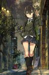  akiyama_tama backpack bad_id bad_pixiv_id bag black_hair blazer city digital_media_player earphones green_eyes hand_in_pocket jacket kneehighs necktie original school_uniform single_earphone_removed solo tree walking 