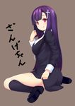  :p bangs black_legwear cross cross_hair_ornament cross_necklace hair_ornament jewelry kannagi kneehighs long_hair looking_at_viewer looking_back necklace pink_eyes ponkotsu_(ayarosu) purple_hair simple_background sitting smile solo tongue tongue_out translated wariza zange 