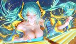  absurdres aqua_hair armpits bad_id bad_pixiv_id breasts cleavage highres instrument jewelry large_breasts league_of_legends long_hair rukiana smile solo sona_buvelle twintails very_long_hair yellow_eyes 