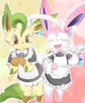  abstract_background blush bow clothing crossdressing eeveelution eyes_closed feral girly itameshi leafeon maid maid_uniform male nintendo open_mouth pok&#233;mon pok&eacute;mon smile standing sylveon teacup teapot teeth translation_request video_games 