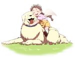  1girl alexander_(fma) angel_wings braid brown_hair collar dog eyes_closed flower fullmetal_alchemist grass happy head_wreath highres hug nina_tucker open_mouth overalls smile twin_braids wings 