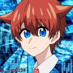  1boy bangs blue_eyes collared_shirt hibiki_yuuta male_focus narashikatanai necktie red_hair red_neckwear school_uniform shirt short_hair short_sleeves solo ssss.gridman user_xnez4578 waistcoat white_shirt wing_collar 