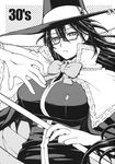  bespectacled blush bow bowtie breasts capelet comic expressionless glasses greyscale hair_between_eyes hat highres holding holding_weapon kagari_ayaka large_breasts long_hair monochrome neck_ribbon older ribbon robe school_uniform staff tamori_tadaji upper_body weapon witch_craft_works witch_hat 
