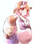  animal_ears breasts cleavage fang futatsuiwa_mamizou glasses hands_in_opposite_sleeves japanese_clothes leaf leaf_on_head lowres medium_breasts monochrome open_mouth raccoon_ears raccoon_tail sen1986 smile tail touhou 