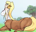  animal_ears blonde_hair blue_eyes breasts centaur centorea_shianus horse_ears huge_breasts long_hair monster_girl monster_musume_no_iru_nichijou pointy_ears ponytail scathegrapes sitting solo tail 