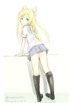  abukuma_(kantai_collection) arm_support blonde_hair boots dated from_behind kantai_collection long_hair looking_at_viewer looking_back pleated_skirt school_uniform signature skirt solo twintails twitter_username wa_(genryusui) 
