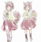  adapted_costume animal_ears boots brown_eyes brown_hair capelet cross-laced_footwear futatsuiwa_mamizou glasses lace-up_boots leaf leaf_on_head lowres raccoon_ears raccoon_tail sandals sen1986 shawl smile tabi tail touhou 
