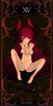  bad_id bad_pixiv_id breasts covering covering_crotch curly_hair demon_girl demon_horns demon_tail horns long_hair maou_beluzel medium_breasts no_nipples nude red_eyes red_hair solo tail tarot uyori very_long_hair yuusha_to_maou 
