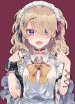  1girl artist_request blonde_hair choker corset_piercing female looking_at_viewer maid purple_eyes simple_background solo 