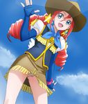  blue_background blue_eyes blue_sky cloud cowboy_hat cowboy_shot day drill_hair dutch_angle earrings elbow_gloves fingerless_gloves freckles fringe_trim gloves happinesscharge_precure! haruyama_kazunori hat jewelry looking_at_viewer miniskirt open_mouth panties pantyshot precure puffy_sleeves red_hair red_haired_cure_(bomber_girls_precure)_(happinesscharge_precure!) scarf skirt sky smile solo star thighs twin_drills twintails underwear upskirt vest white_panties wings 