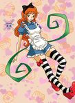  1girl alternate_costume apron blush breasts female highres long_hair medium_breasts nami nami_(one_piece) one_piece open_mouth orange_hair shoes skirt solo tatto thighhighs 