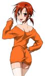  bare_shoulders blush hand_on_hip hino_akane_(smile_precure!) looking_at_viewer looking_back naked_sweater open_mouth orange_shirt precure red_eyes red_hair shirt short_hair simple_background smile_precure! solo sweater thighhighs wauwa white_background 