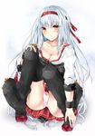  black_legwear breasts cleavage collarbone colored_eyelashes hairband japanese_clothes kantai_collection long_hair looking_at_viewer medium_breasts orange_eyes panties shoukaku_(kantai_collection) silver_hair sitting smile solo tetsu_tissue thighhighs underwear yellow_eyes 