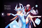  1boy 1girl armor bare_shoulders barefoot beancurd breasts carrying cleavage closed_mouth collarbone crossover duo elsa_(frozen)_(cosplay) female frozen_(disney) highres league_of_legends long_sleeves looking_at_viewer male mask parody princess_carry smile sweat syndra zed_(league_of_legends) 