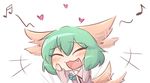  1girl :3 :d animal_ears beamed_sixteenth_notes blush closed_eyes commentary ear_wiggle eighth_note eyebrows_visible_through_hair fang green_hair hand_on_own_cheek hand_on_own_face heart kasodani_kyouko musical_note open_mouth simple_background smile solo tail tail_wagging touhou white_background wool_(miwol) 