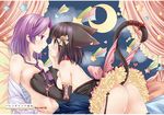  animal_ears ass black_hair blush breast_grab breasts cat_ears cat_tail crescent elbow_gloves eye_contact frilled_skirt frills garter_straps gloves grabbing green_eyes hair_ornament kajiki_yumi kemonomimi_mode looking_at_another multiple_girls navel necktie paws purple_eyes purple_hair saki short_hair skirt star tail touyoko_momoko weisuoxin yuri 