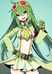  bad_id bad_pixiv_id belt black_eyes center_opening fingerless_gloves flygon gen_3_pokemon gloves goggles goggles_on_head green_hair merlusa midriff navel personification pokemon skirt solo 