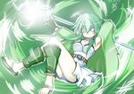  ;) ankle_wrap anklet bare_shoulders bike_shorts blush breasts cleavage collar duel_monster full_body green_eyes green_hair highres jacket jewelry legs long_hair looking_at_viewer medium_breasts one_eye_closed ponytail sandals smile solo spirit-edge staff winda_priestess_of_gusto yuu-gi-ou 