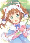  animal_ears blue_dress brown_hair capelet cat_ears dress ech fake_animal_ears green_eyes happy_birthday idolmaster idolmaster_(classic) idolmaster_cinderella_girls leaf_umbrella long_sleeves looking_at_viewer mittens open_mouth smile solo takatsuki_yayoi twintails winter_clothes 