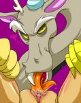  anthro antler antlers close-up darthglacier discord_(mlp) draconequus dragon drooling female first_person_view friendship_is_magic fur happy horn licking looking_at_viewer male my_little_pony open_mouth pussy saliva sharp_teeth smile squint straight teeth tongue tongue_out 