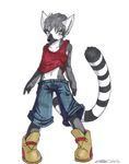  baggy belly black_fur clothed clothing cub fur furries grey_fur hair invalid_tag jamie jeans koshkio lemur little looking_at_viewer mammal primate shirt shoes short short_hair skinny slim small solo standing stomach tank_top traditional_media white_fur yellow_eyes young 