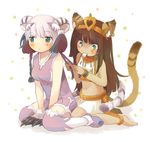  :&lt; :3 animal_ears anklet barefoot bastet_(p&amp;d) blush braiding_hair brown_hair cat_ears cat_hair_ornament cat_tail chinese_clothes claws dark_skin earrings eating egyptian_clothes food foomi green_eyes hair_ornament hairdressing haku_(p&amp;d) jewelry midriff mouth_hold multiple_girls navel paws puzzle_&amp;_dragons sitting skirt tail thighhighs tiger_tail wariza white_hair zettai_ryouiki 