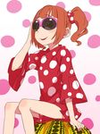  adjusting_eyewear blush brown_hair ebinera idolmaster idolmaster_(classic) short_hair smile solo sunglasses takatsuki_yayoi twintails 